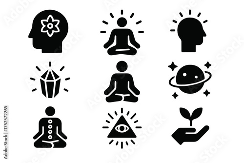 Symbols of mindfulness and spirituality illustrating meditation, nature, and enlightenment in a simple design