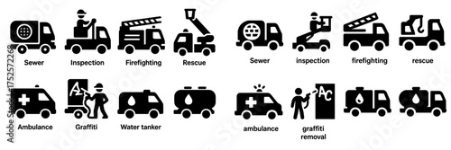 Various service vehicles for community maintenance, emergency response, and public safety displayed in a simple graphic format