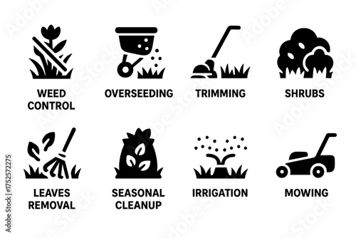 Lawn care tasks for a healthy garden with icons illustrating various maintenance activities