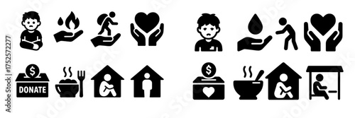 Icons depicting various charitable activities and support for individuals in need during community outreach events