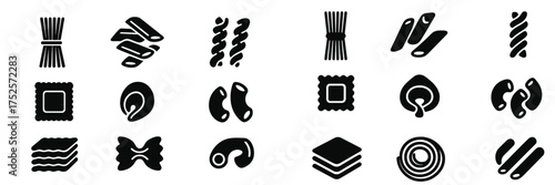 Various types of pasta shapes displayed in a minimalistic style showcasing culinary diversity
