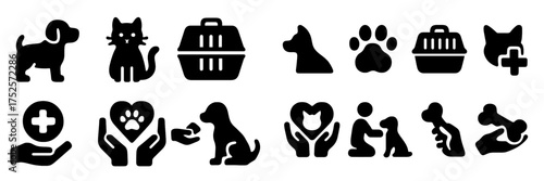 Icons of pet care representing various animal symbols and activities in a caring environment