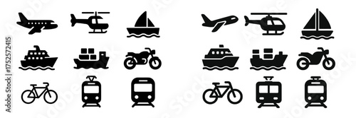 Various modes of transportation include air, land, and water options in simple icon format