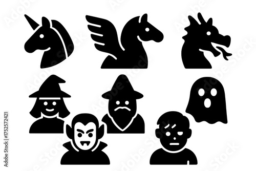 Fantasy creatures and Halloween characters displayed in black silhouette designs for diverse storytelling and festive events