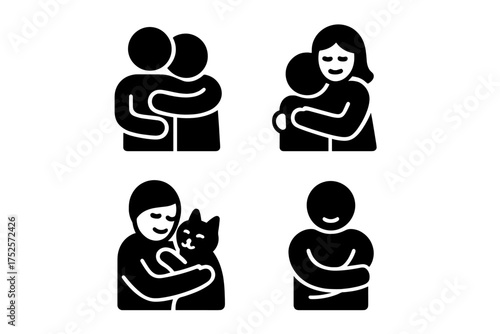Variety of hugs and embraces depicting love and comfort in simple icons