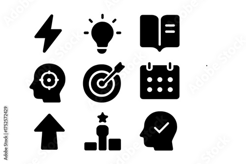Symbols representing innovation, learning, and goal setting in modern business environments