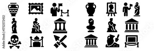 Variety of iconic museum symbols representing art, history, and culture, displayed in a simple and clear format