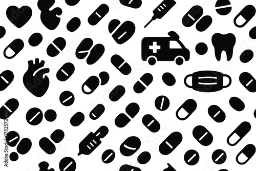 Health symbols and medical icons create a seamless design for wellness and care themes
