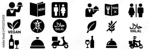 Icons representing various dining options and services in a restaurant setting