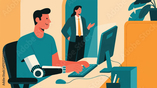 illustration of man with a prosthetic arm typing efficiently on a keyboard, engaged in a conversation with a colleague standing nearby.eps