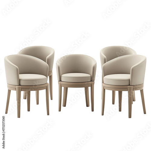 Five elegant beige armchairs on a dark background