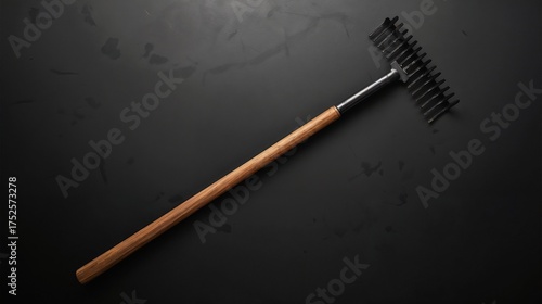 Gardening rake with a wooden handle on a black background.