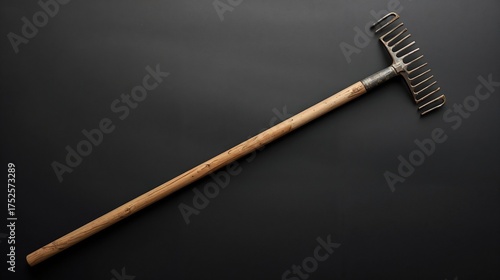 Gardening rake with a wooden handle on a black background.