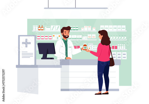 A pharmacist with a beard hands a prescription bottle to a female customer at the pharmacy counter, with shelves of medicine in the background.