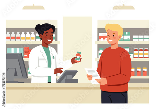 A pharmacist hands a prescription bottle to a customer holding a paper at the pharmacy counter.