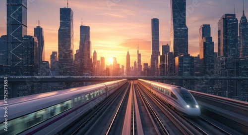 Futuristic high speed trains racing through a modern city skyline at sunset with dramatic lighting and vibrant colors illuminating the skyscrapers