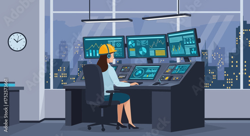 Woman engineer working in a modern control room with multiple monitors and controls