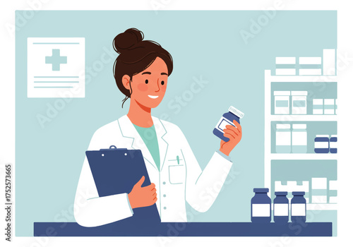 A female pharmacist in a white coat examines a bottle of medication while holding a clipboard, with shelves of medicine in the background.