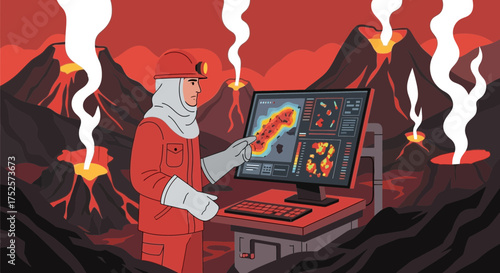 Volcanologist monitoring activity with computer systems in eruption scenario