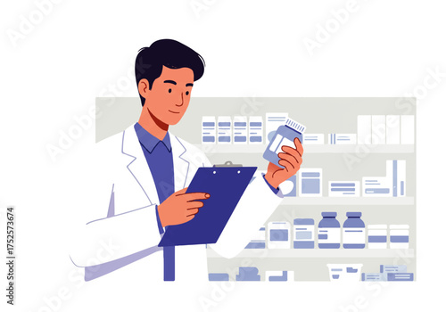 A young male pharmacist in a white coat holds a medicine bottle and a clipboard in front of shelves stocked with pharmaceuticals.