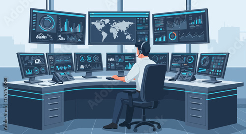 Centralized monitoring and control station equipped with multiple screens displaying critical data