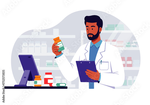 A pharmacist in a white coat holds a medicine bottle while standing at a counter with a clipboard and computer.