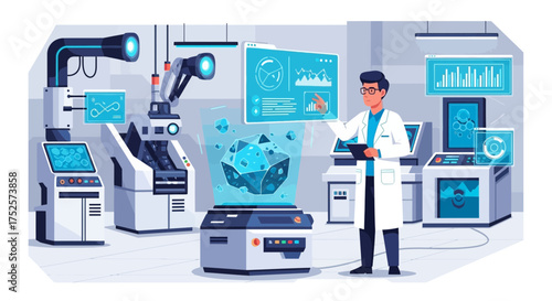 Futuristic science laboratory exploring a crystallized asteroid, scientific discovery
