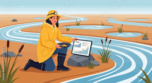 Cartoon-style illustration of a gold prospector woman analyzing river yield