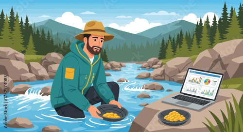 Digital Prospecting: A Modern Gold Miner Analyzes Market Trends by the River