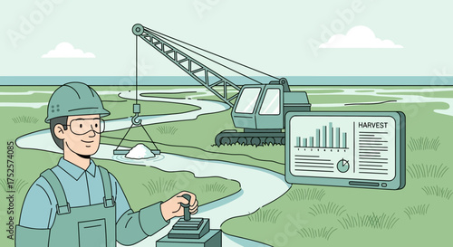 Modern worker overseeing the harvesting of resources utilizing technology and heavy machinery