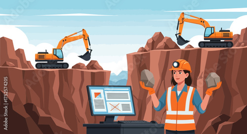 Mining industry professional analysis alongside excavators at a large quarry site