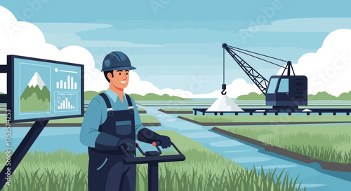 Operator managing industrial salt production using a computer and crane in field