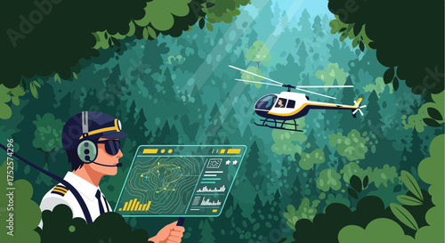 Remote Controlled Helicopter Monitoring in Dense Forest Scenery Illustration