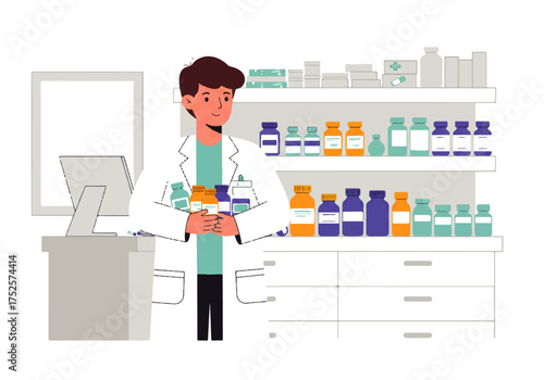 A pharmacist in a white coat stands holding medicine bottles in front of shelves filled with various pharmaceutical products.