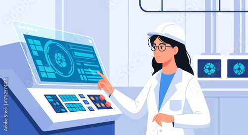 Female engineer at a modern industrial plant managing operations using an interactive screen