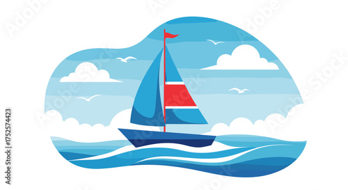 A sailboat glides across the ocean waves under a cloudy sky.