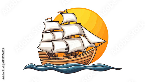 Ship sails on wavy sea before a large sun