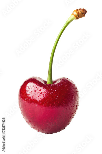 Ripe red cherry with a curved green stem