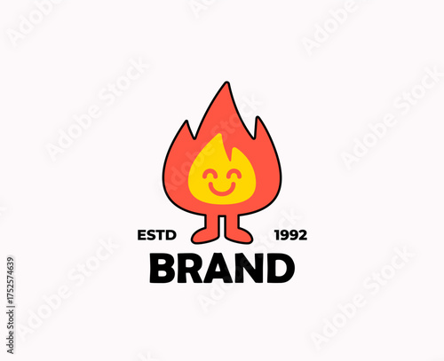 Logo design featuring a cheerful flame mascot with a smiling face and warm colors, perfect for branding related to energy, creativity, or fun. Ideal for businesses, startups