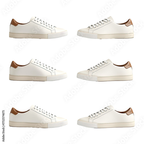 Six white sneakers, three pairs, angled views on black