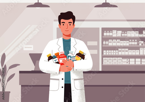 Pharmacist in a white coat holding multiple medicine bottles in a pharmacy setting with shelves stocked with medications.
