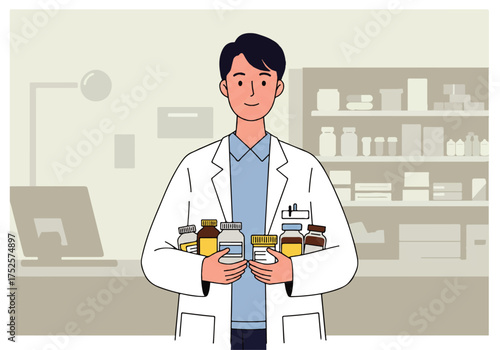 A pharmacist in a white coat stands in front of shelves, holding various medicine bottles and containers in his hands.