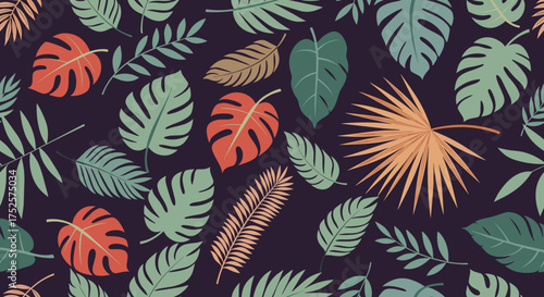 A lush pattern of various tropical leaves in warm and cool colors creating a vibrant jungle aesthetic.