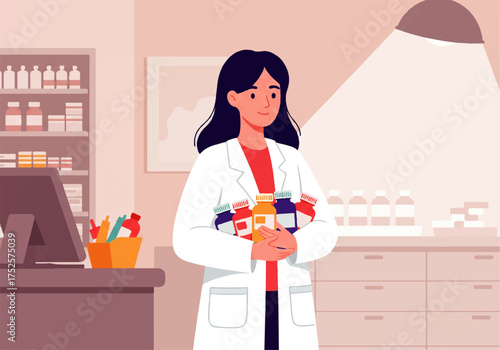 A female pharmacist in a white coat holds medicine bottles in a pharmacy setting with shelves and a counter.