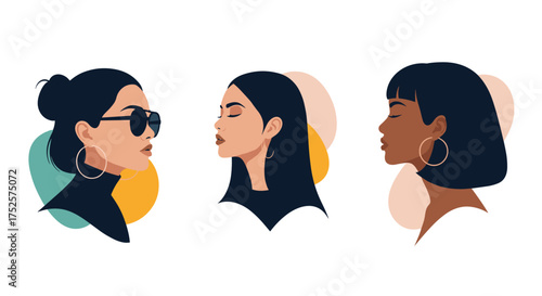 Abstract profile portraits of three diverse women with subtle background circles.