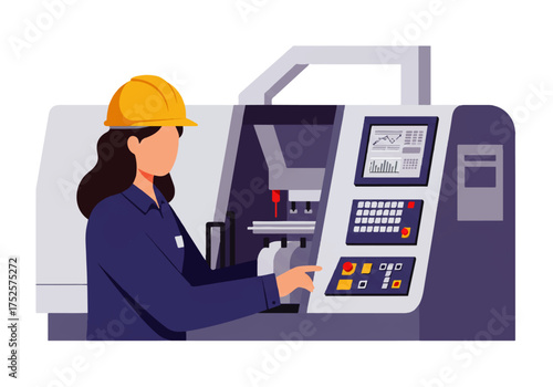 A female worker wearing a hard hat operates a CNC machine, pressing buttons on the control panel in a factory setting.
