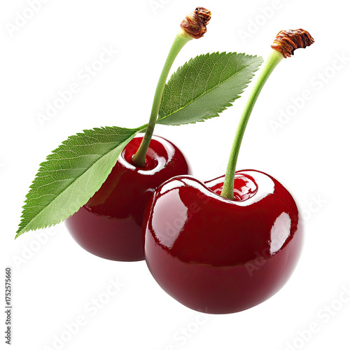 Two cherries, stems and leaves, on black