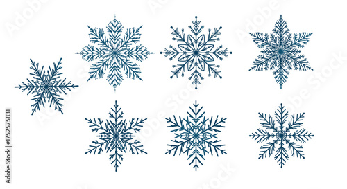 A beautiful collection of intricate blue snowflakes in various shapes and sizes.