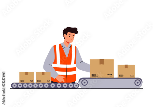 Man in safety vest working with boxes on a conveyor belt, inspecting and moving packages.