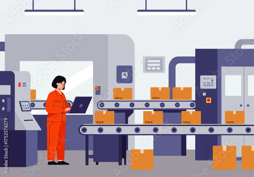 A woman in orange overalls stands in a factory using a laptop, overseeing a conveyor belt carrying cardboard boxes through the automated production line.
